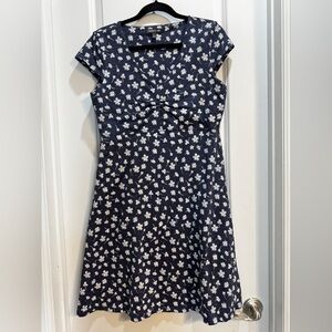 Toad & Co Blue Floral Dress Large Vneck Short Sleeve Fit & Flare Zip Pocket